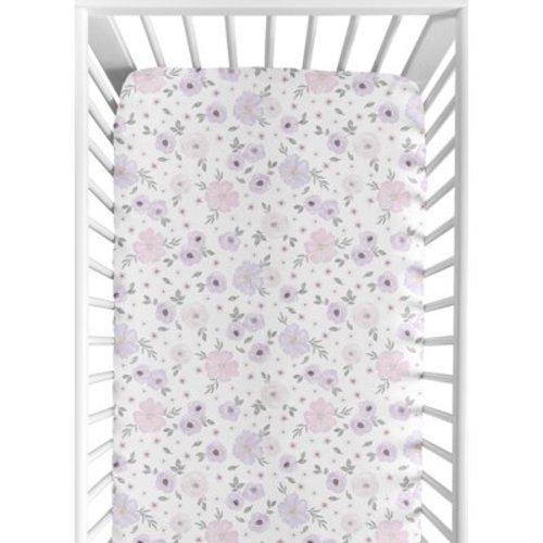 Sweet Jojo Designs Watercolor Floral Lavender Purple Pink and Grey Jersey Knit Fitted Crib Sheet