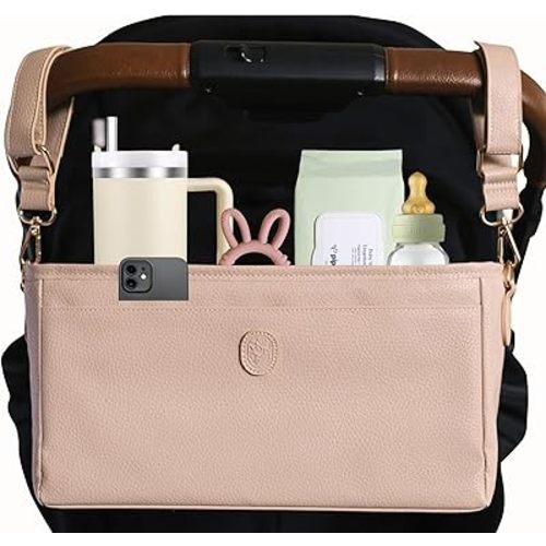 Vegan Leather Stroller Caddy with Cup Holder - Universal Stroller Organizer with Cup Holder, 4 Built-In Pockets, Shoulder Strap, Stroller Cup Holder fits Mockingbird, UppaBaby, Nuna, BOB, and More
