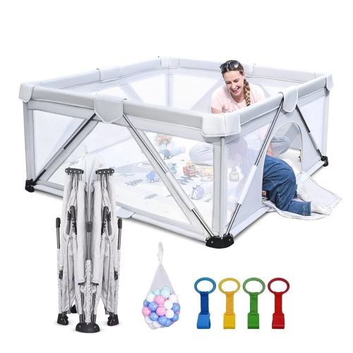 Foldable Baby Playpen 59X59 inch, iTiLike Playpen for Babies and Toddlers with 50 PCS Ocean Balls & 4 Handles, Indoor & Outdoor Kids Safety Play Pen Area, Portable Travel Play Yard