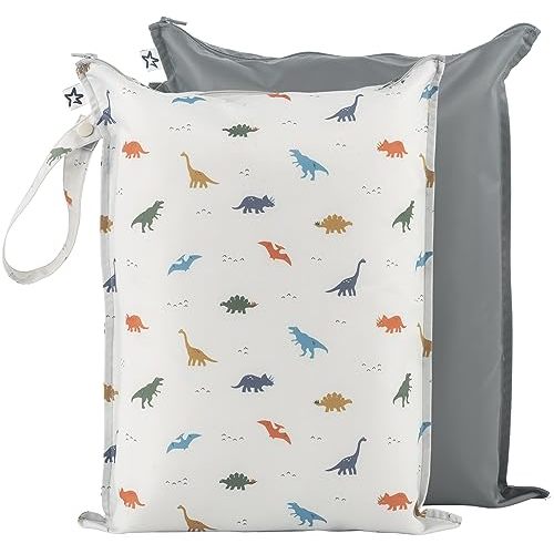 Tiny Twinkle Mess-proof Wet Bags 2 Pack Waterproof and Washable Bag for Travel storage, Stroller, Daycare, Baby Diapers, Yoga, Beach, Pool, Wet Toddler Swimsuits (Dinosaur)