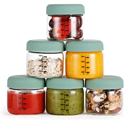haakaa High Borosilicate Glass Baby Food Storage Jars with Silicone Lid-6 Set,4 oz Baby Food Storage Containers for Freezer&Microwave & Dishwasher Safe