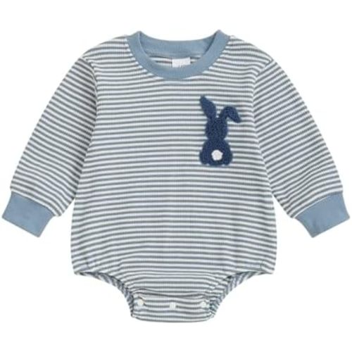 DNOMAID YZARC Baby Girl Boy Easter Outfit Bunny Carrot Embroidery Sweatshirt Romper Stripe Waffle Long Sleeve Bodysuit Tops