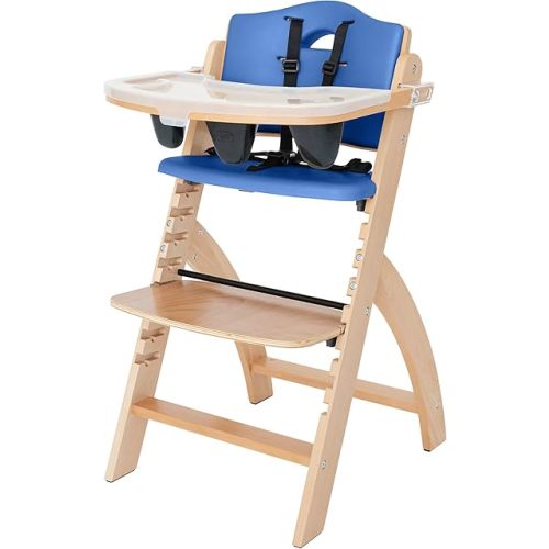Abiie Beyond Junior Wooden High Chair with Tray - Adjustable and Convertible High Chair for Babies and Toddlers - 6 Months to 250 Lb - Water Resistant - Natural Wood/Blueberry Cushion