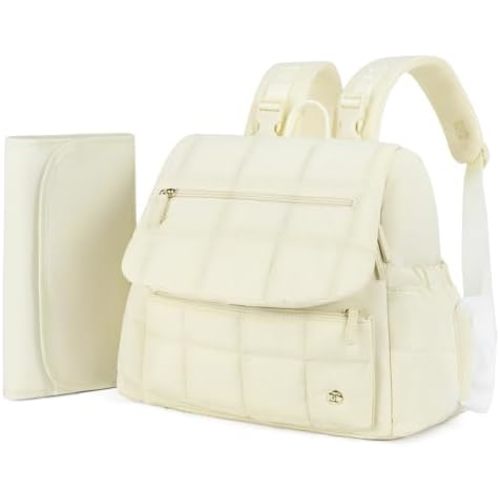 Telena Diaper Bag Mini Diaper Backpack with Changing Pad, Puffer Baby Travel Bag with Insulated Pockets, Stroller Straps, Beige