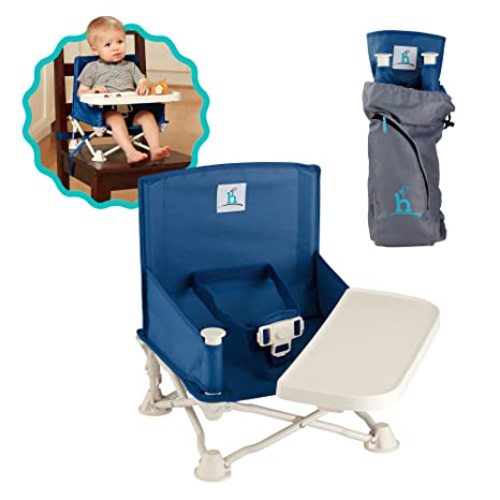 hiccapop OmniBoost Travel Booster Seat with Tray for Baby | Folding Portable Baby Booster Seat for Dining Table, Camping, Beach, Grandma’s | Tip-Free Design Straps to Kitchen Chairs - Booster Chair - Midnight Blue