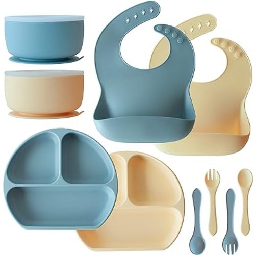 10 PC Silicone Baby Essentials Feeding Set, 2 Silicone Suction Plates, 2 Silicone Suction Bowls, 2 Bibs, 2 Spoons 2 Forks, BPA Free, Microwave & Dishwasher Safe, o1baby