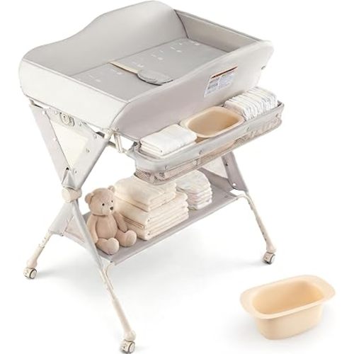 INFANS Baby Changing Table with Wheels, Portable Folding Diaper Station Nursery Organizer with Storage Basket, Hanging Rack, Adjustable Height, Safety Belt for Newborn Infant (Light Gray)