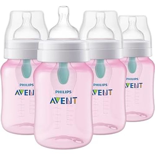 Philips Avent Anti-Colic Baby Bottle with AirFree Vent, 9oz, with Flow 2 Nipples, 1m+, 4pk, Pink, SCY703/14