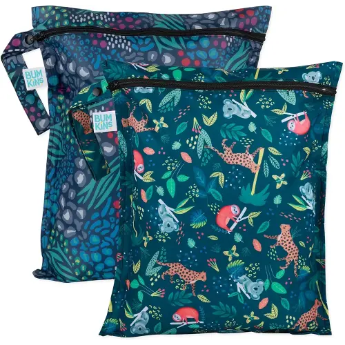 Bumkins Waterproof Wet Bag for Baby, Travel, Swim Suit, Cloth Diapers, Pump Parts, Pool, Beach, Gym Clothes, Toiletry, Hook to Stroller, Daycare, Zipper Reusable Wetdry Packing, 2-pk Jungle and Animal