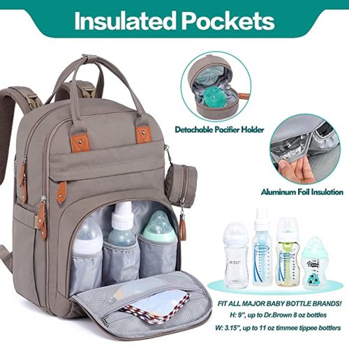 BabbleRoo Unisex Baby Essentials Backpack - Khaki, Waterproof Diaper Bag with Changing Pad, Stroller Straps & Pacifier Case