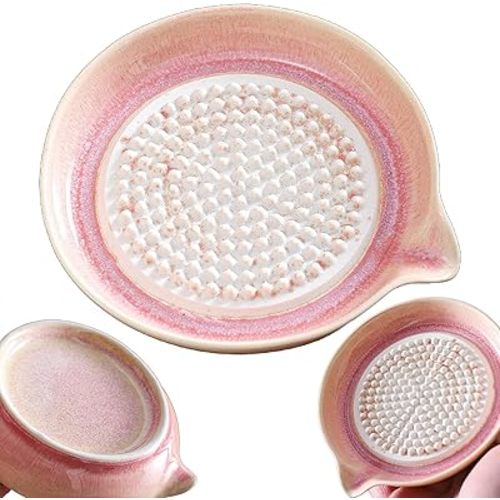 Ceramic Grater Plate - Handheld Kitchen Grinding Dish with Spout, Porcelain Ginger Garlic Wasabi Grater for Fine Paste, Easy to Clean, Compact Size for Home Cooking (Blue/Pink) (Pink)
