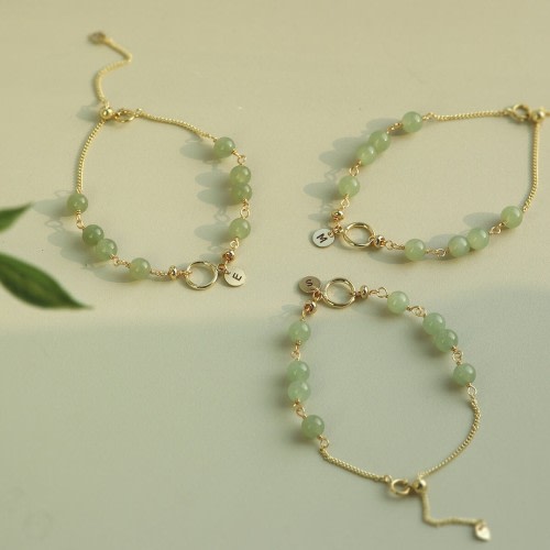 Custom Initial Real Jade Bracelet,Unique Lucky Green Round Jade Beaded Jewelry,Adjustable Bangle Chain,Handcrafted Personalized Gift For Her