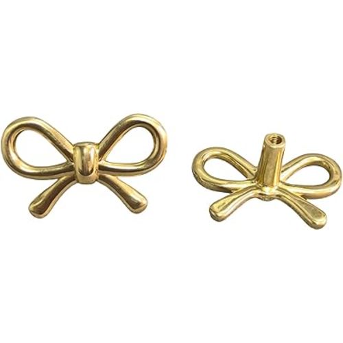 4 Pack Solid Brass Bow Drawer Knobs, Gold Bow Knobs for Kitchen Cabinet Hardware, Vintage Vanity Dresser Pulls, Nursery Kids Bedroom Creative Tie Decorative Handles (Brass Bow)