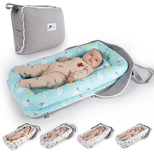 Joyful Journeys Baby Lounger Diaper Bag - Portable Baby Lounger Nest | Versatile Infant Lounger Bag & Diaper Organizer | Cozy Baby Lounger Nest for Convenience (Blue Lambs)