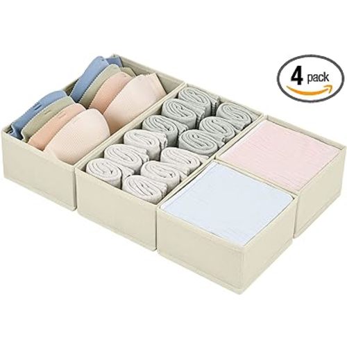DIMJ Drawer Organizers Clothes, Dresser Organizer Bins for Baby Clothes,Underwear and Sock, Fabric Closet Organization and Storage Boxs, Drawer Dividers for Nursery, Clothing, Tie - 4 Pack, Beige