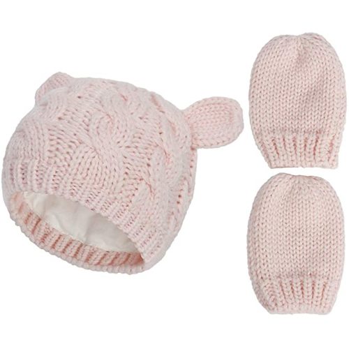 Newborn Winter Beanie Hat Gloves Set for Baby Girls Boys, Infant Toddler Warm Knitted Hats Glove, Baby Winter Hat - B Pink
