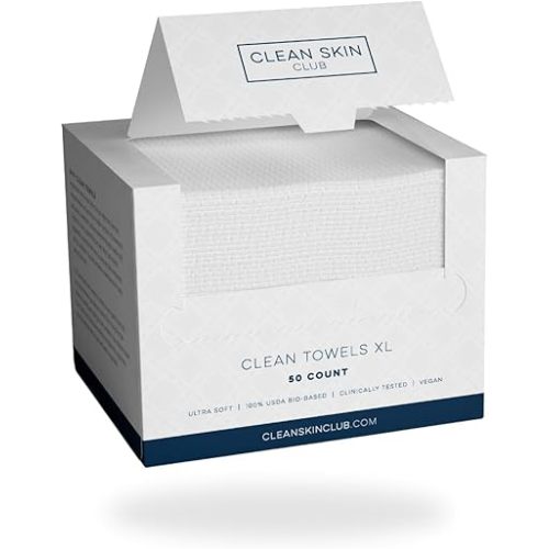 Clean Skin Club Clean Towels XL™, 100% USDA Biobased Face Towel, Disposable Face Towelette, Makeup Remover Dry Wipes, Ultra Soft, 50 Ct, 1 Pack
