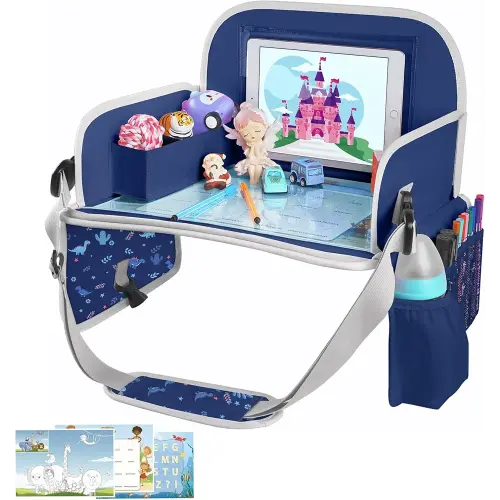 MENZOKE Kids Travel Tray, Car Seat Tray with Educational Drawing Board, Tablet Holder & Cooler Cup Holder,Essential for Car Travel & Holiday Gifts, Dinosaur Print Pattern, Dark Blue