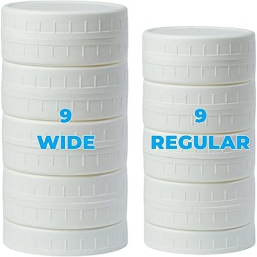 18 Pack White Plastic Mason Jar Lids with Silicone Rings, 9 Wide Mouth & 9 Regular Mouth Canning Lids for Ball & Kerr and More, 86mm &70mm Plastic Mason Jar Lids
