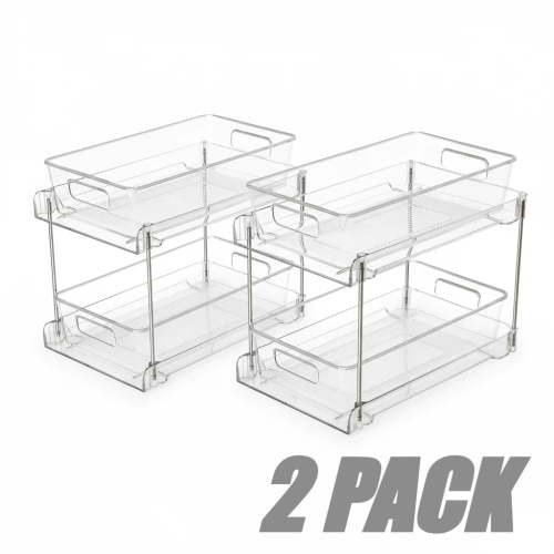 2-Pack Under Sink Organizer, 2 Tier Bathroom Storage Organizer, Pull-Out Organization with Track for Pantry, Kitchen
