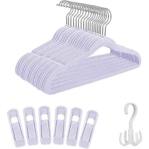 Tinfol 30pc Kids Velvet Hangers for Closet, 13.7" Non-Slip Toddler Clothes Hangers with 6 Velvet Hanger Clips and Hook, Space Saving Ultra Thin Cute Small Hanger for Children's Clothes, Light Purple