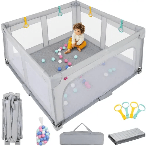 INFANS Foldable Baby Playpen with Mat, 59” x 59” Large Baby Play Yard for Infant with 50 Ocean Balls, 4 Handlers, Carry Bag, Indoor Outdoor Fence Toddler Activity Center (Gray, 59” x 59”)