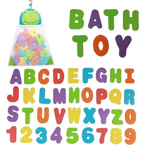Bath Toys Organizer + 36 Soft Foam ABC 123 Letters & Numbers Bathroom Alphabet Baby Toys for Early Learning Foam Letters and Quick Dry Storage Net Bag