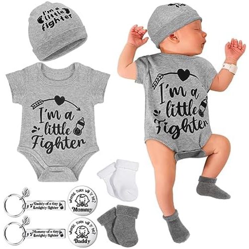Toulite NICU Preemie Baby Gift Set I'm Little Fighter Preemie Baby Hat and Bodysuit Cotton Socks with Keychain Coin