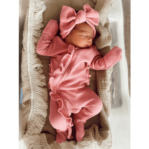 Organic Waffle Ruffle Zip Footie, Pink