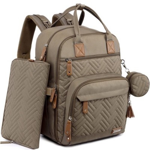 Iniuniu Large Diaper Backpack, Unisex 4-in-1  Baby Bag with Pouch, Changing Pad, Pacifier Case & Straps, Khaki