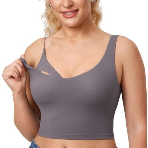 MOMANDA Women's Nursing Bras Longline Sports Breastfeeding V Neck Sleeveless Crop Tank Top with Built in Bra