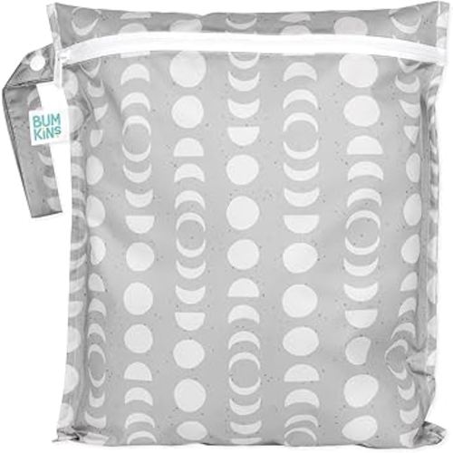 Bumkins Waterproof Wet Bag for Baby, Travel, Swim Suit, Cloth Diapers, Pump Parts, Pool, Beach, Gym Clothes, Toiletry, Hook to Stroller, Daycare, Zipper Reusable Wetdry Packing Pouch, Lunar Gray