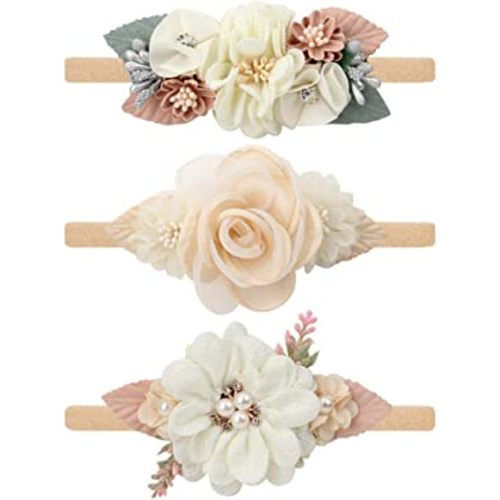 VOBOBE Baby Girl Nylon Headbands Infant Flower Elastic Hair band Bows Wraps For Newborn Toddler Hair Accessories Pack of 3 (A-Beige)