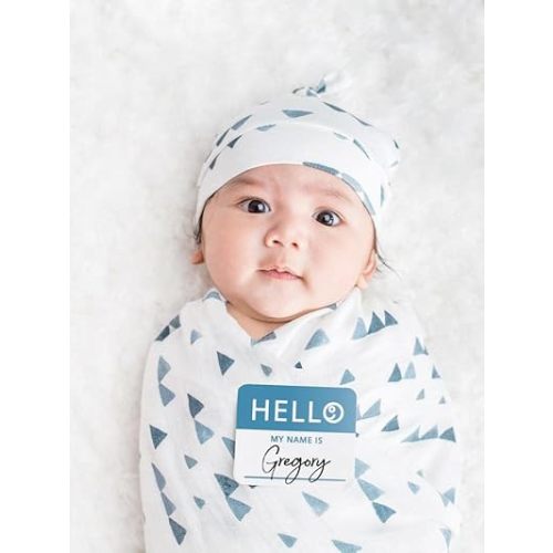Lulujo Baby Hello World Newborn Hat and Swaddle Blanket Set, Triangle Blue