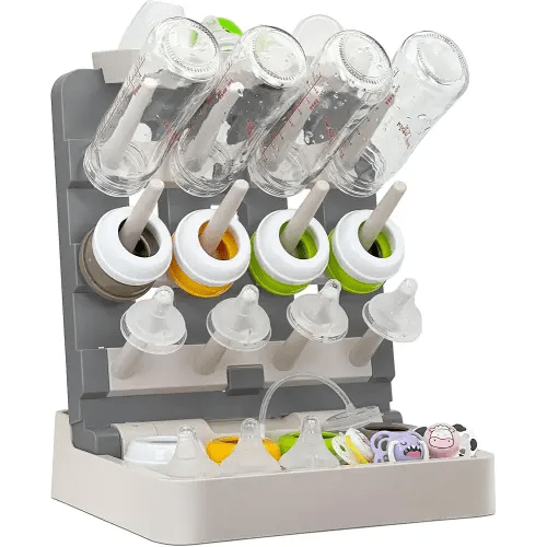 Baby Bottle Drying Rack, Vertical Standing Bottle Dryer Rack Holder-Space Saving Baby Bottle Drying Rack for Countertop-Holds Up to 12 Baby Bottles & Cup(Gray & Khaki)
