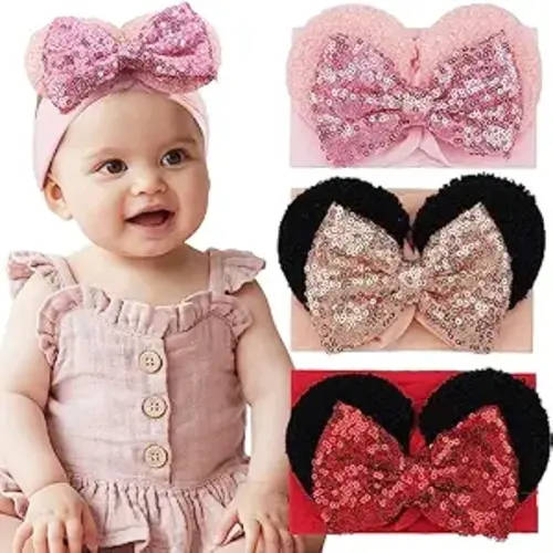 3Pcs Baby Girl Large Mouse Ears Headband Sequin Bow Wide Nylon Hairband | 3 Pack Pink Red Champagne Nylon Turban Hairband, Theme Park Headwear, Hair Bow Headband for Toddler, Kids, Party Supplies