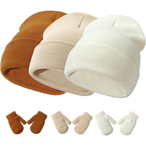 Baby Hats and Mittens Set - White/Khaki/Caramel