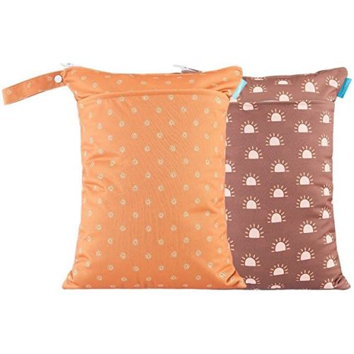 MOMIGO 2 pcs/set Wet Dry Bags for Baby Cloth Diapers - Reusable, Washable for Stroller, Diapers, Toiletries, Travel Bags, Beach, Pool, Gym Bag with Two Zippered Pockets 11.8 * 15.7 inch (Orange)