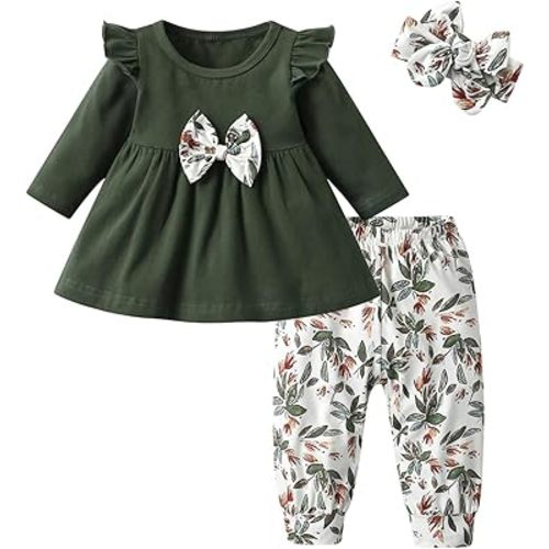 Ensemble 3 pièces pour bébé fille avec haut à volants et manches longues et bandeau floral