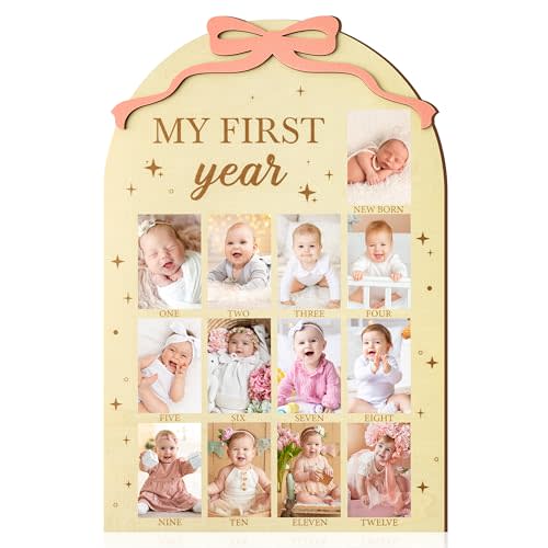 R HORSE My First Year Photo Frame Board, 3D Coquette Pink Bow Display Wood Board, Baby’s First Year 12 Months Milestone Sign 1st Birthday Frame Nursery Decor Keepsake Gift for Boy Girl