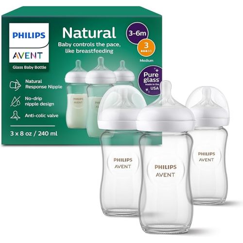 Philips Avent Natural Glass Baby Bottles with Natural Response Nipples (Medium Flow, Flow 3), 8oz, 3-pack, SCY913/03