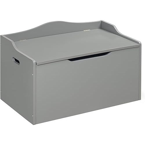 Badger Basket Bench-Top Wooden Toy Box in Gray – Safe Storage Chest with Dual Safety Hinges, Side Handles, and Front Slot
