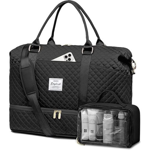 Women Weekender Travel Duffle Bags: Duffel Overnight Bag with Shoe Compartment Large Carry on Tote Bag Toiletry Bag Weekend Yoga Gym Bags with Wet Pocket Hospital Bags for Labor and Delivery Black