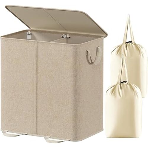 Lifewit Double Laundry Hamper with Lid and Removable Laundry Bags, Large Collapsible 2 Dividers Dirty Clothes Basket with Handles for Bedroom, Laundry Room, Closet, Bathroom, College, 136L Beige