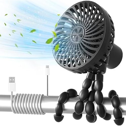 RUN HELIX Stroller Fan Portable Fan with 3 Speed can Work 4-12 Hours,Personal Fan with Flexible Tripod Clip on Student Bed Desk Bike Crib Treadmill Camping Traveling-Car Seat Fan Black