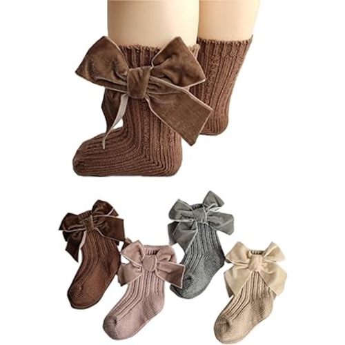 Kayotuas Baby Girls Knee High Socks with Bows Long Tube Ruffled Uniform Stockings Infant Toddler Ribbed Knit Socks