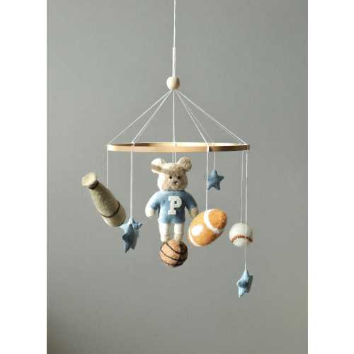 Vintage Sport Nursery mobile with Teddy Bear - Please personalize shirt to letter P for Pollina
