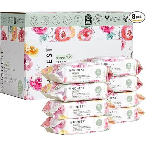 The Honest Company Clean Conscious Unscented Wipes | Over 99% Water, Compostable, Plant-Based, Baby Wipes | Hypoallergenic for Sensitive Skin, EWG Verified | Rose Blossom, 576 Count