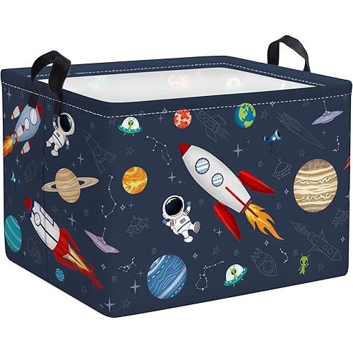 Clastyle Rocket Astronaut Shelf Basket for Boys Cosmic Planet Universe Blue Storage Bin Rectangle Clothes Books Toy Storage Cube, 36L