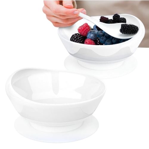 2Pack Spill Proof Scoop Bowl with Non-Skid Suction Base, Adaptive Self-Feeding Dinnerware (White)